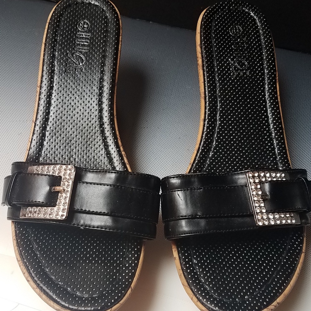 Rouge black bling buckle cork wedge sandals8.5m
